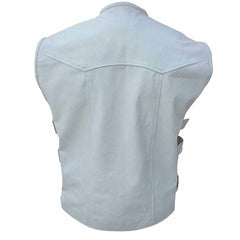 Back view of solid white real cowhide leather motorcycle vest showing clean patch-ready panel