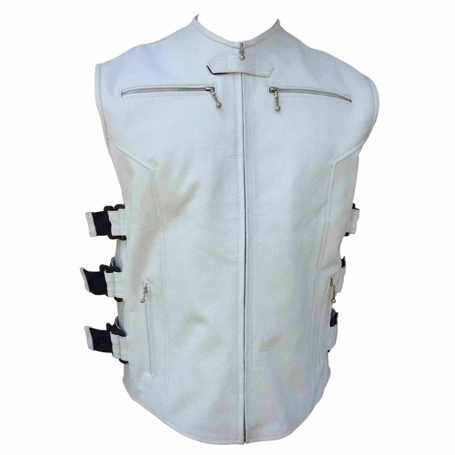 Front view of men's white SWAT style leather vest with zippered pockets and snap collar
