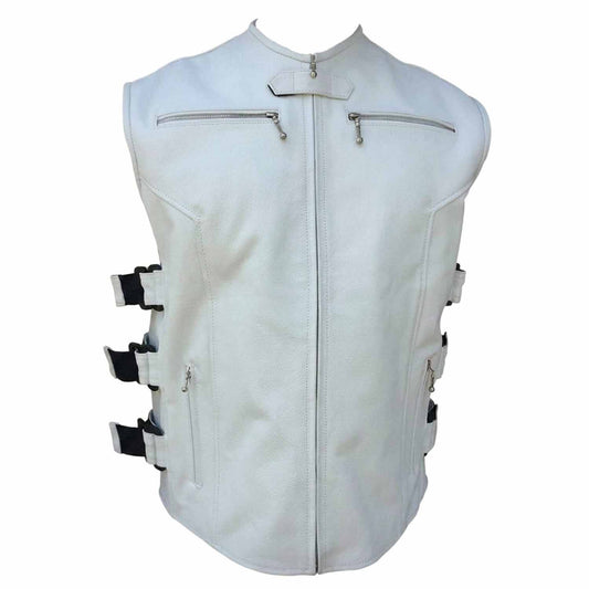 Front view of men's white SWAT style leather vest with zippered pockets and snap collar