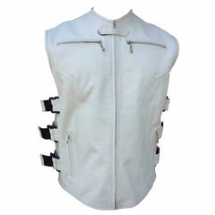 Front view of men's white SWAT style leather vest with zippered pockets and snap collar