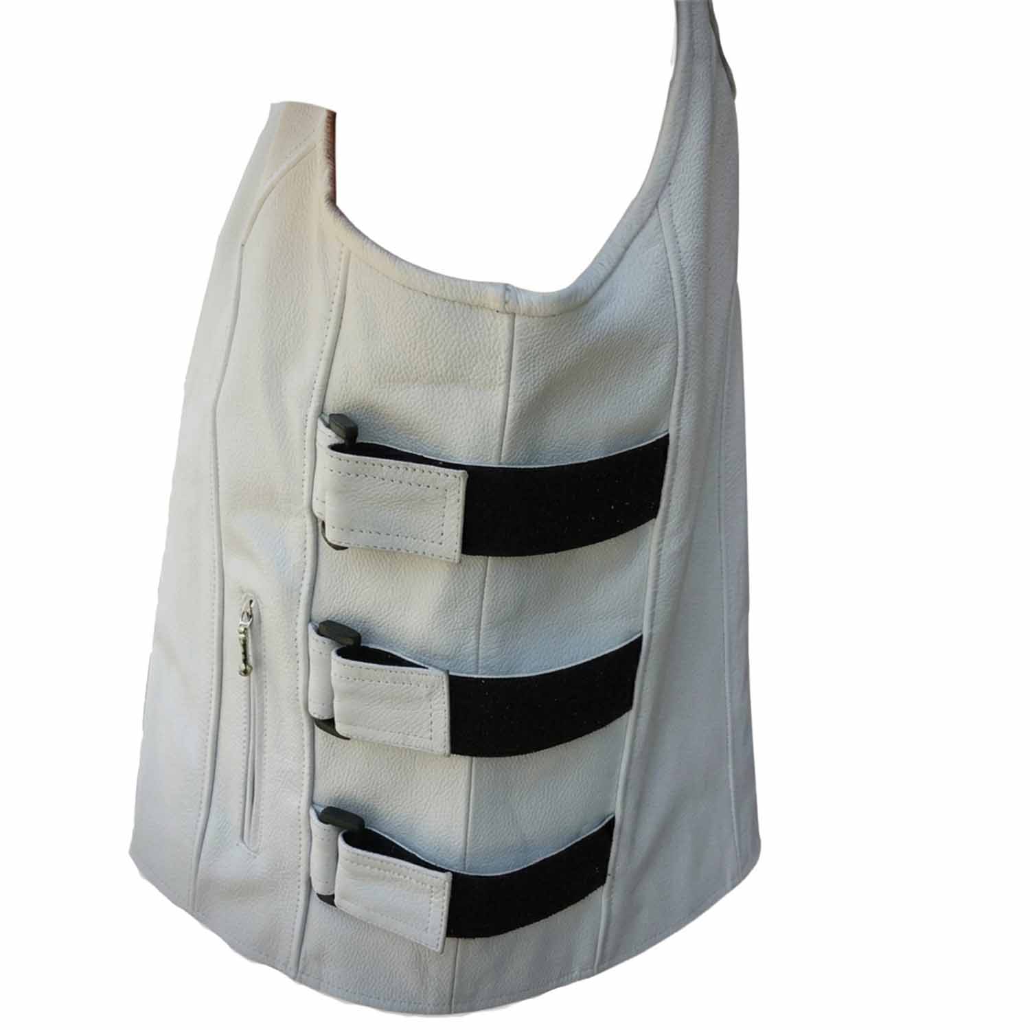 Close-up detail of adjustable black Velcro side straps and buckles on white leather waistcoat