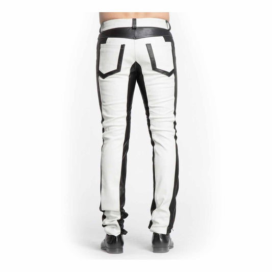 Men's Handmade Two Tone White and Black Sheep Nappa Leather Pants Classic 501 Style Biker Trousers