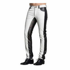 Men's Handmade Two Tone White and Black Sheep Nappa Leather Pants Classic 501 Style Biker Trousers