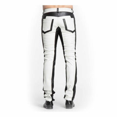 Men's Handmade Two Tone White and Black Sheep Nappa Leather Pants Classic 501 Style Biker Trousers