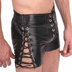Front perspective of men's black genuine lambskin leather shorts featuring side lace-up eyelets, elastic waistband, and lace-front fly.