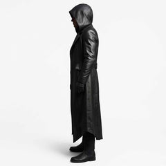 Men's Black Cowhide Leather Hooded Trench Coat | Gothic Long Winter Duster