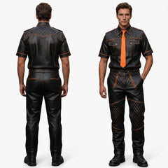 Men’s Black & Orange Contrast Real Leather Shirt & Breeches Set BLUF Style