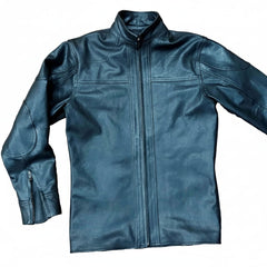 A black leather zipper shirt with a stand-up collar and front zipper, laid flat against a white background. 