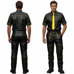 Men’s Black & Yellow Contrast Real Leather Shirt & Breeches Set BLUF Style
