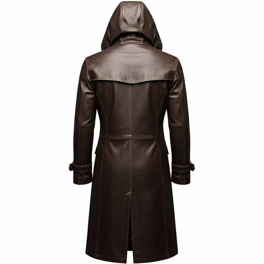 Back studio shot of mens brown leather duster coat showing integrated hood, shoulder storm capelet, and center split walking vent