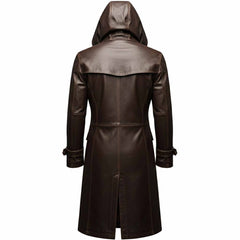 Back studio shot of mens brown leather duster coat showing integrated hood, shoulder storm capelet, and center split walking vent