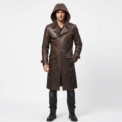Full length front studio portrait of man wearing brown leather hooded biker duster over dark tee and black pants on white background