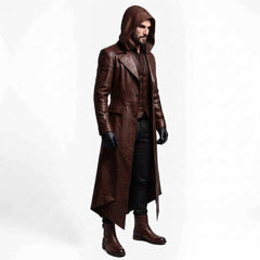 Men's Brown Cowhide Leather Hooded Trench Coat | Gothic Long Winter Duster