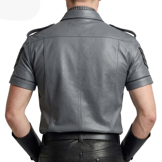 Men’s Gray Real Leather Police Uniform Leather Short Sleeve Shirt With Black Piping