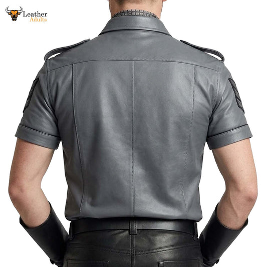 Men’s Gray Real Leather Police Uniform Leather Short Sleeve Shirt With Black Piping