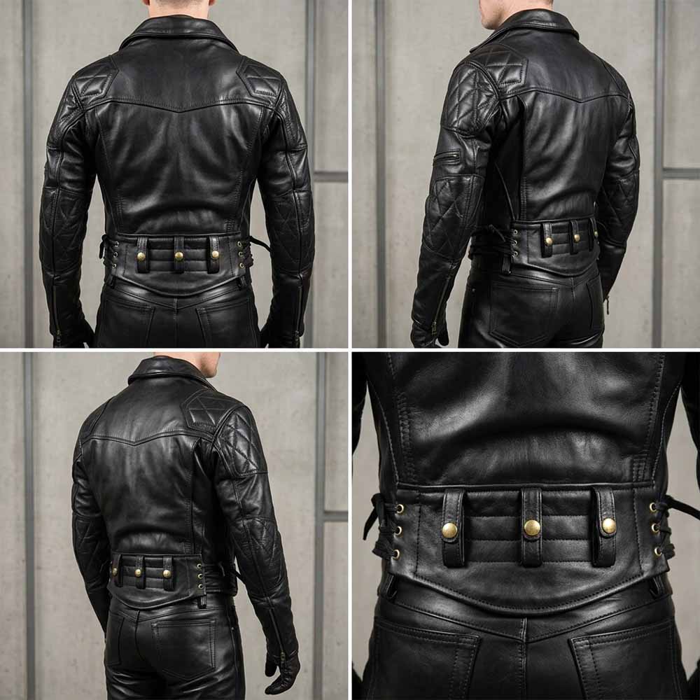 Four-panel composite view showing the back of a men's black thick cowhide leather biker jacket, highlighting diamond-quilted shoulders and brass-button waist loops.
