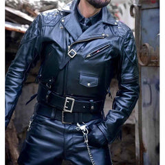 Close-up front view of a men's black cowhide leather biker jacket showing the diagonal front zipper, wide lapels, chest zip pocket, and snap flap pocket.