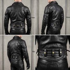 Four-panel composite view showing the back of a men's black thick cowhide leather biker jacket, highlighting diamond-quilted shoulders and brass-button waist loops.