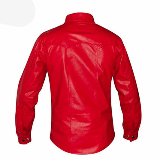 Men's Red Genuine Leather Shirt Police Uniform Style Long Sleeves Shirt