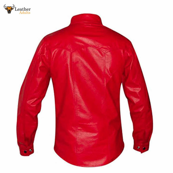 Men's Red Genuine Leather Shirt Police Uniform Style Long Sleeves Shirt
