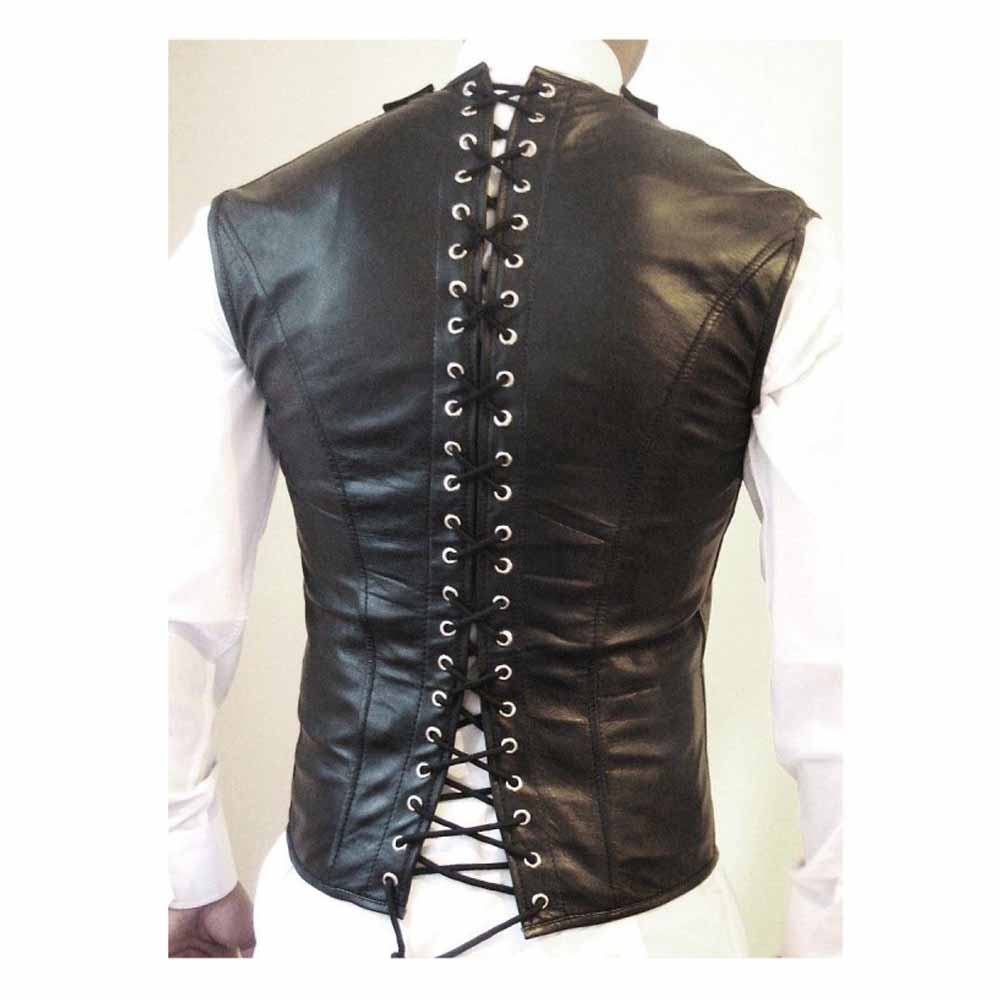 Back profile view of a men's black leather Victorian waistcoat showcasing the full-length rear lace-up corset closure.