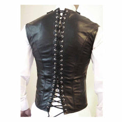 Back profile view of a men's black leather Victorian waistcoat showcasing the full-length rear lace-up corset closure.