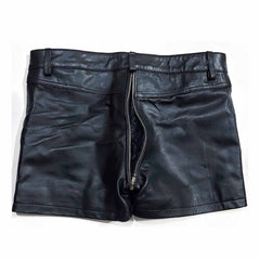 Mens 100% Genuine Leather Sexy Two Pockets Black Shorts With Rear Zip