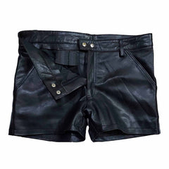 Mens 100% Genuine Leather Sexy Two Pockets Black Shorts With Rear Zip