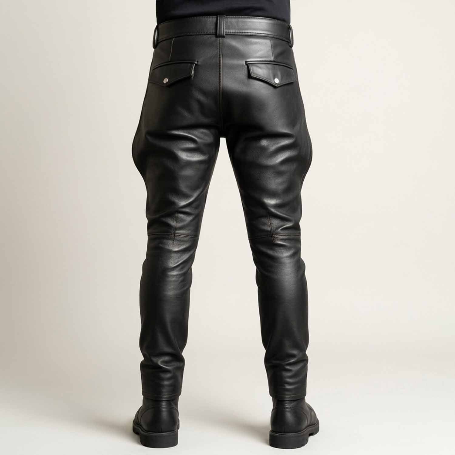 Rear view showcasing the tailored fit, back yoke, and buttoned flap pockets of the men's black leather breeches.