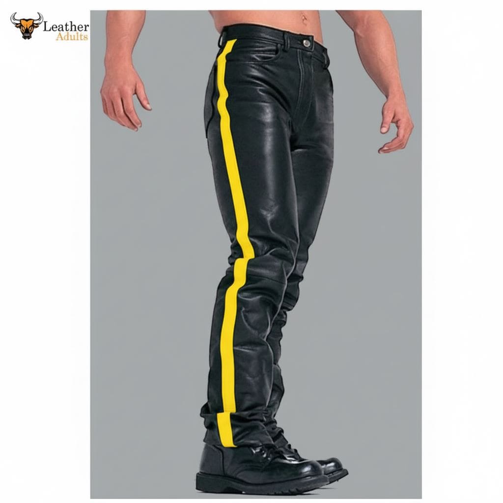 Mens Black Cowhide Leather Jeans Style Pants BLUF Breeches Yellow Striped Trousers