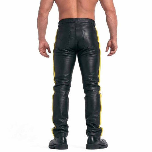 Mens Black Cowhide Leather Jeans Style Pants BLUF Breeches Yellow Striped Trousers
