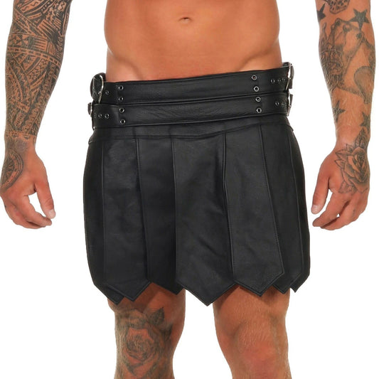 Mens Black Cowhide Leather Roman Gladiator Skirt Kilt Gothic Belt and Buckles Kilt LARP ALL SIZES