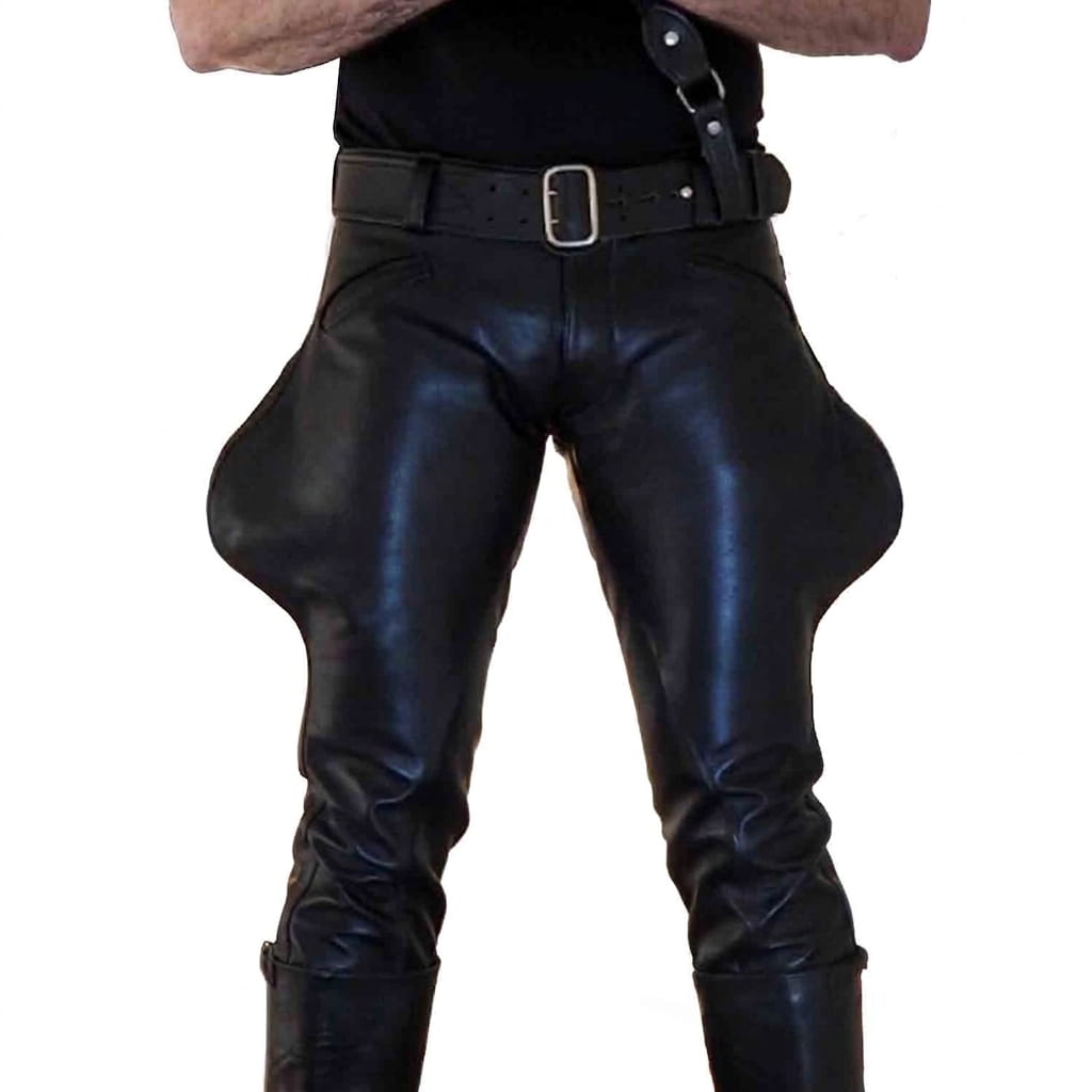 Black leather pants with dramatic, exaggerated flared thighs and knee sections, worn by a model with a black belt and black shirt against a white background.