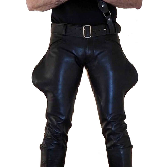 Black leather pants with dramatic, exaggerated flared thighs and knee sections, worn by a model with a black belt and black shirt against a white background.