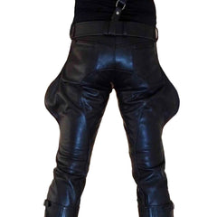 Mens Black Cowhide Leather Saddleback Bootcut Rear Blind Pockets Breeches BLUF Pants Trousers