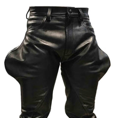 Mens Black Cowhide Leather Saddleback Bootcut Rear Blind Pockets Breeches BLUF Pants Trousers