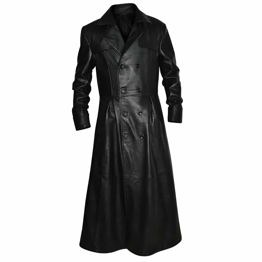 Front view of a men's black full-length cowhide leather trench coat with double-breasted buttons closed.