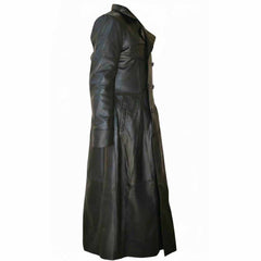 Side view of a men's long black leather Chester duster coat highlighting the side pocket cut and structured drape.