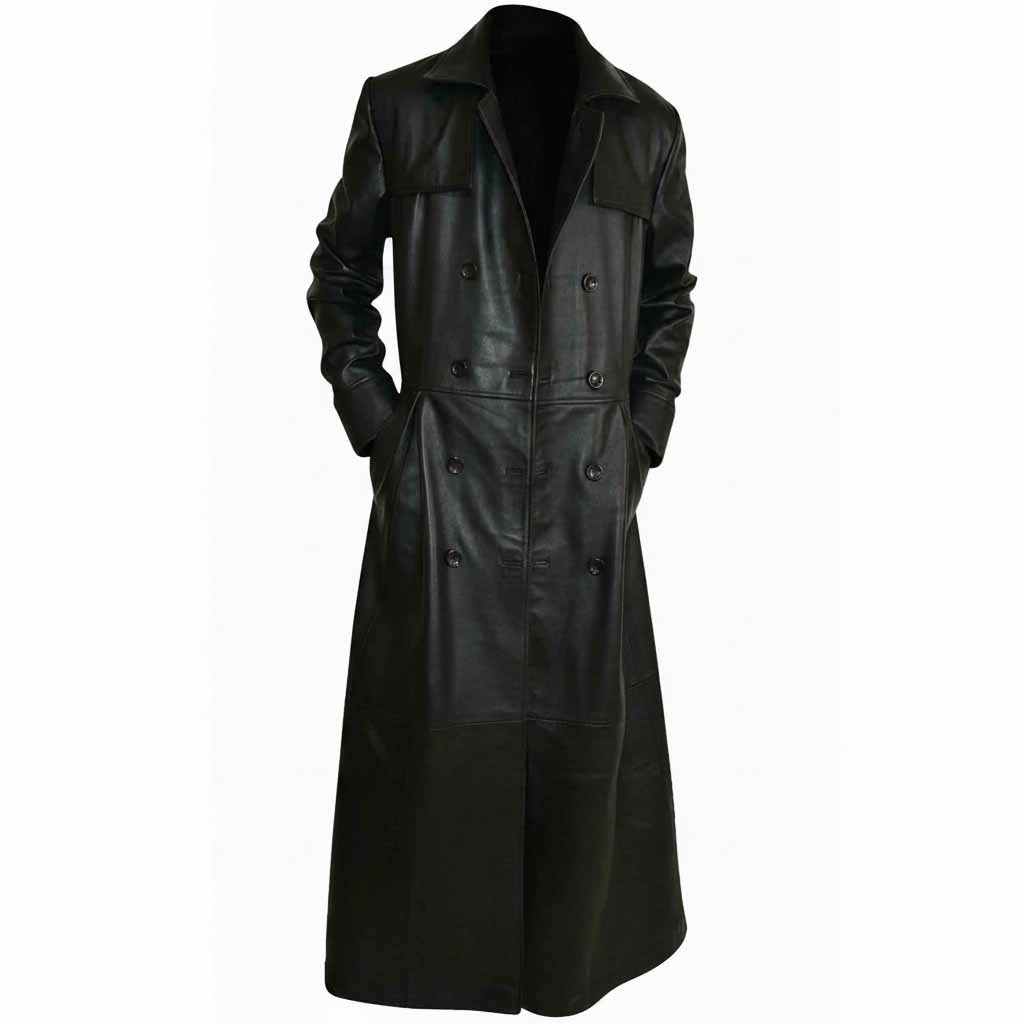 Front view of a men's long black real leather deserter coat shown open with hands in the side pockets.