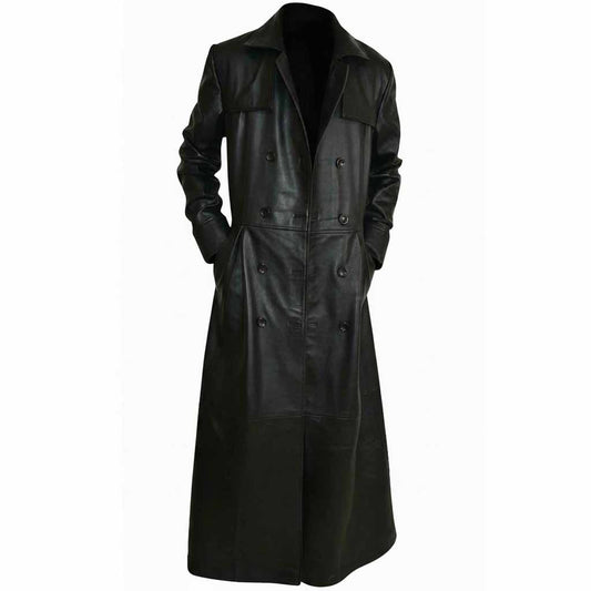 Front view of a men's long black real leather deserter coat shown open with hands in the side pockets.