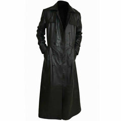 Front view of a men's long black real leather deserter coat shown open with hands in the side pockets.