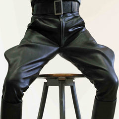 Mens Black Genuine Soft Cowhide Leather Breeches Trousers Lederjeans Pants BLUF Pants