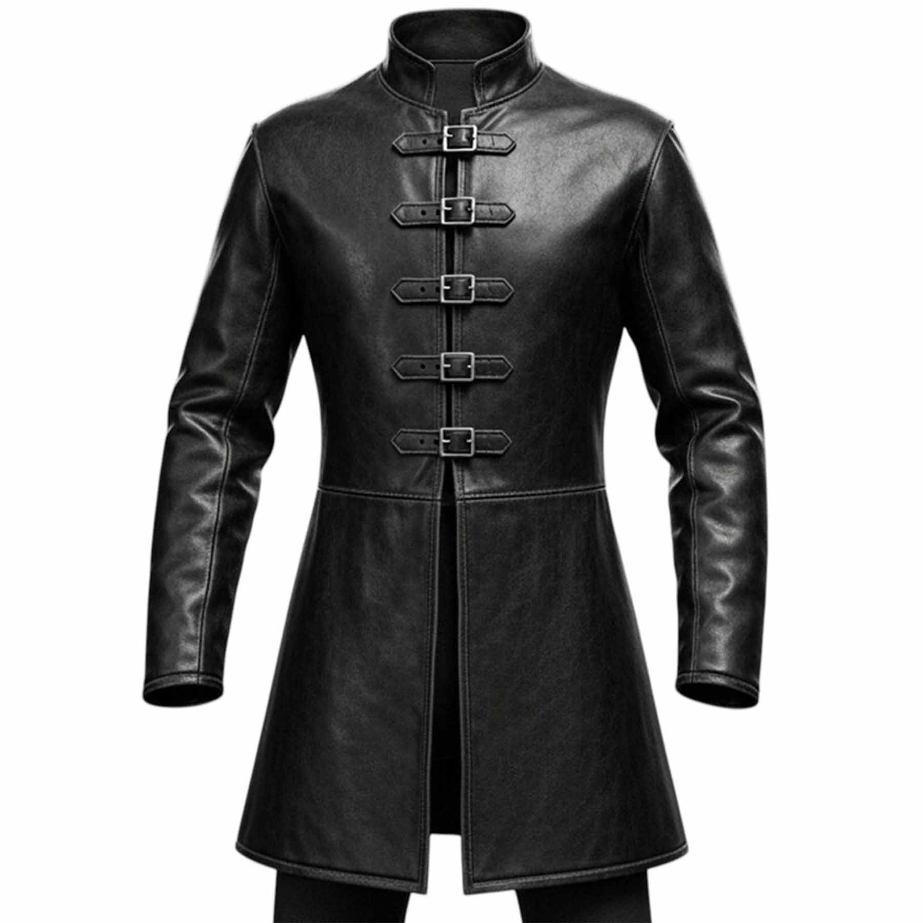 Front studio view of the handmade black leather steampunk coat featuring five metal buckle straps and a structured mandarin collar.