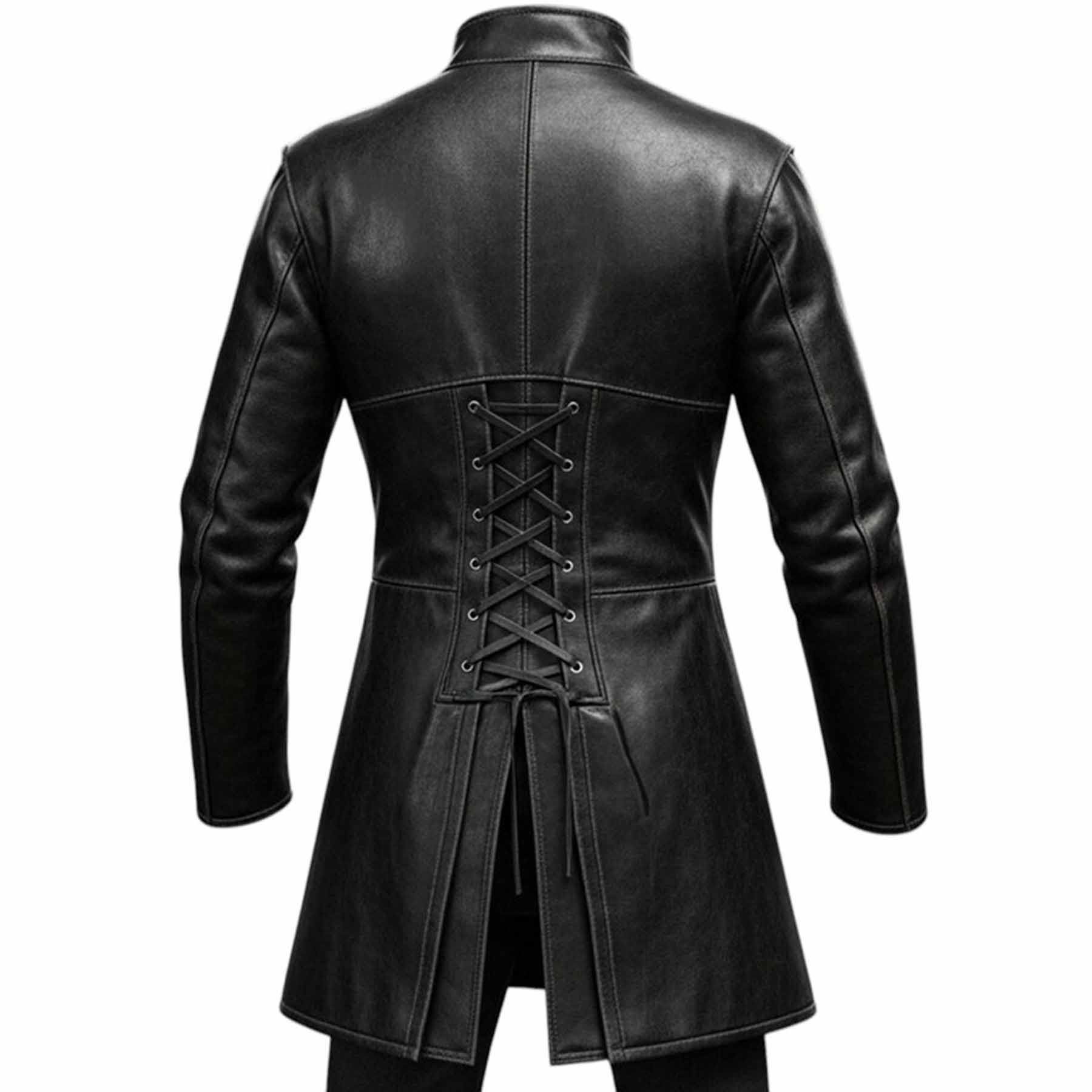 Rear view of the men's black leather gothic coat showing the adjustable corset-style back lacing and pleated split tail.