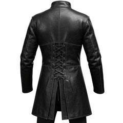Rear view of the men's black leather gothic coat showing the adjustable corset-style back lacing and pleated split tail.