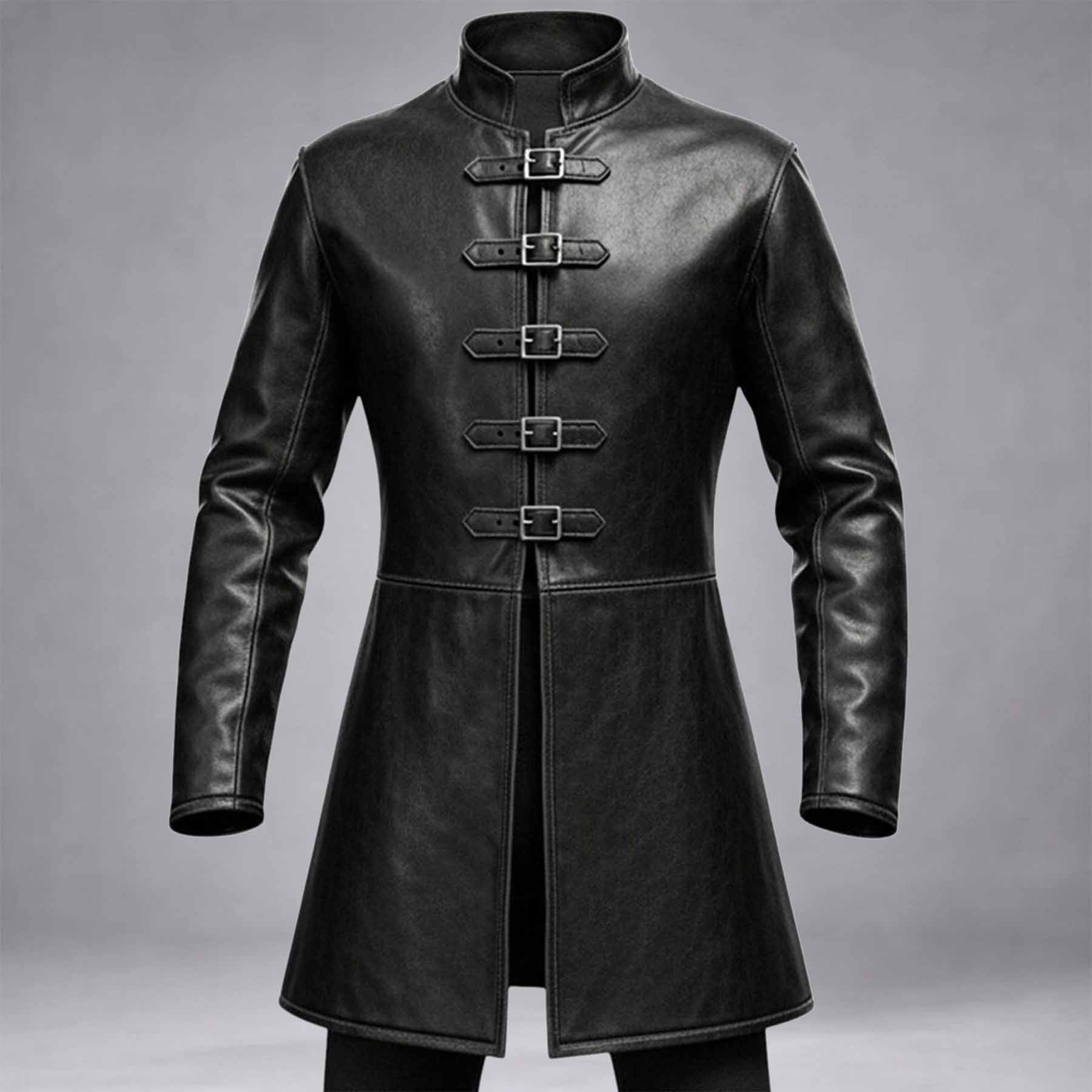 Studio product shot displaying the men's tailored medieval warrior coat in smooth black cowhide leather against a neutral background.