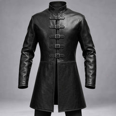 Studio product shot displaying the men's tailored medieval warrior coat in smooth black cowhide leather against a neutral background.