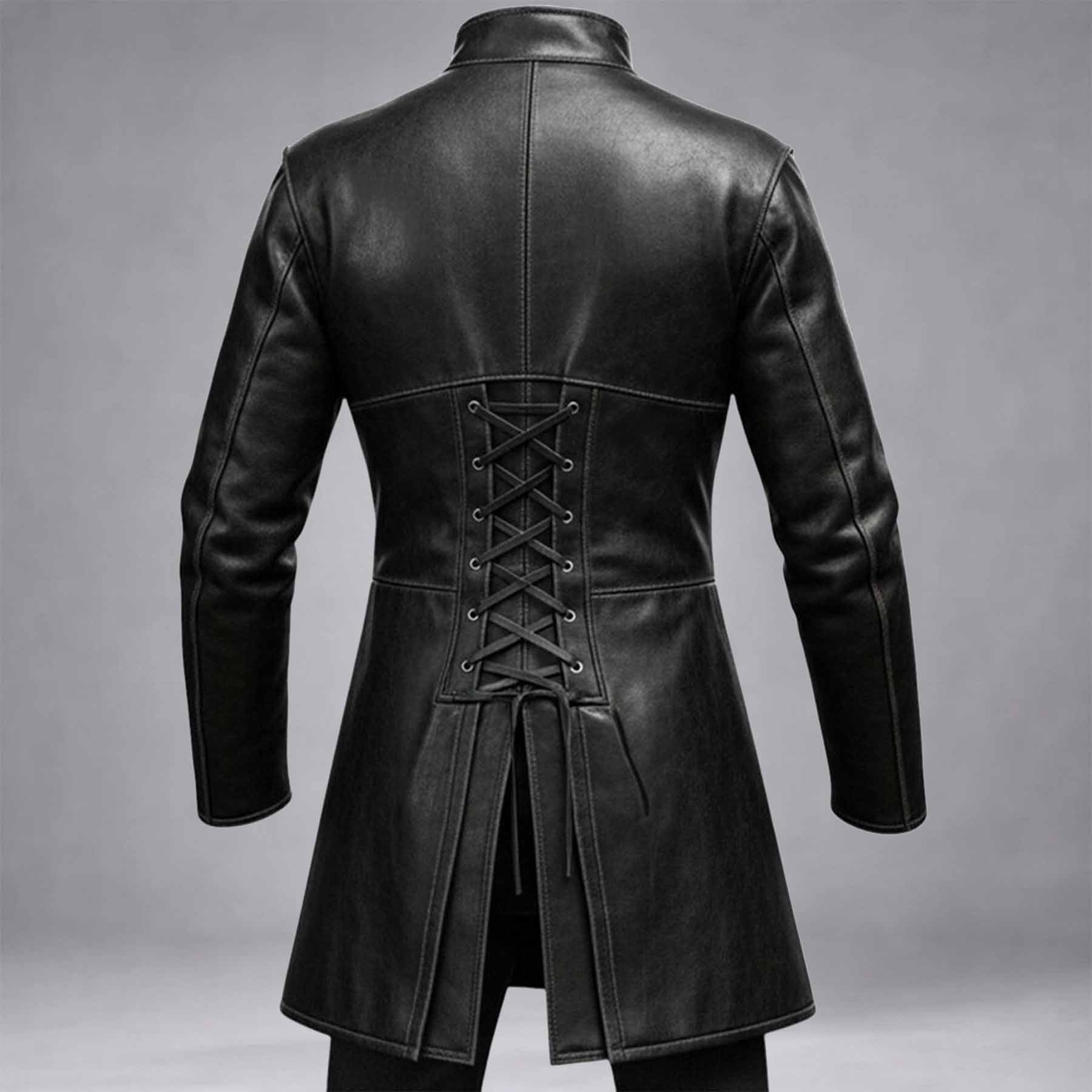 Back angle of the gothic frock jacket highlighting detailed panel stitching, lace-up waist cinching, and long tailored sleeves.