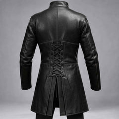 Back angle of the gothic frock jacket highlighting detailed panel stitching, lace-up waist cinching, and long tailored sleeves.