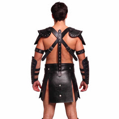 Mens Black Leather Gladiator Costume Historical Reenactment Armor Kilt Set Roman Warrior LARP
